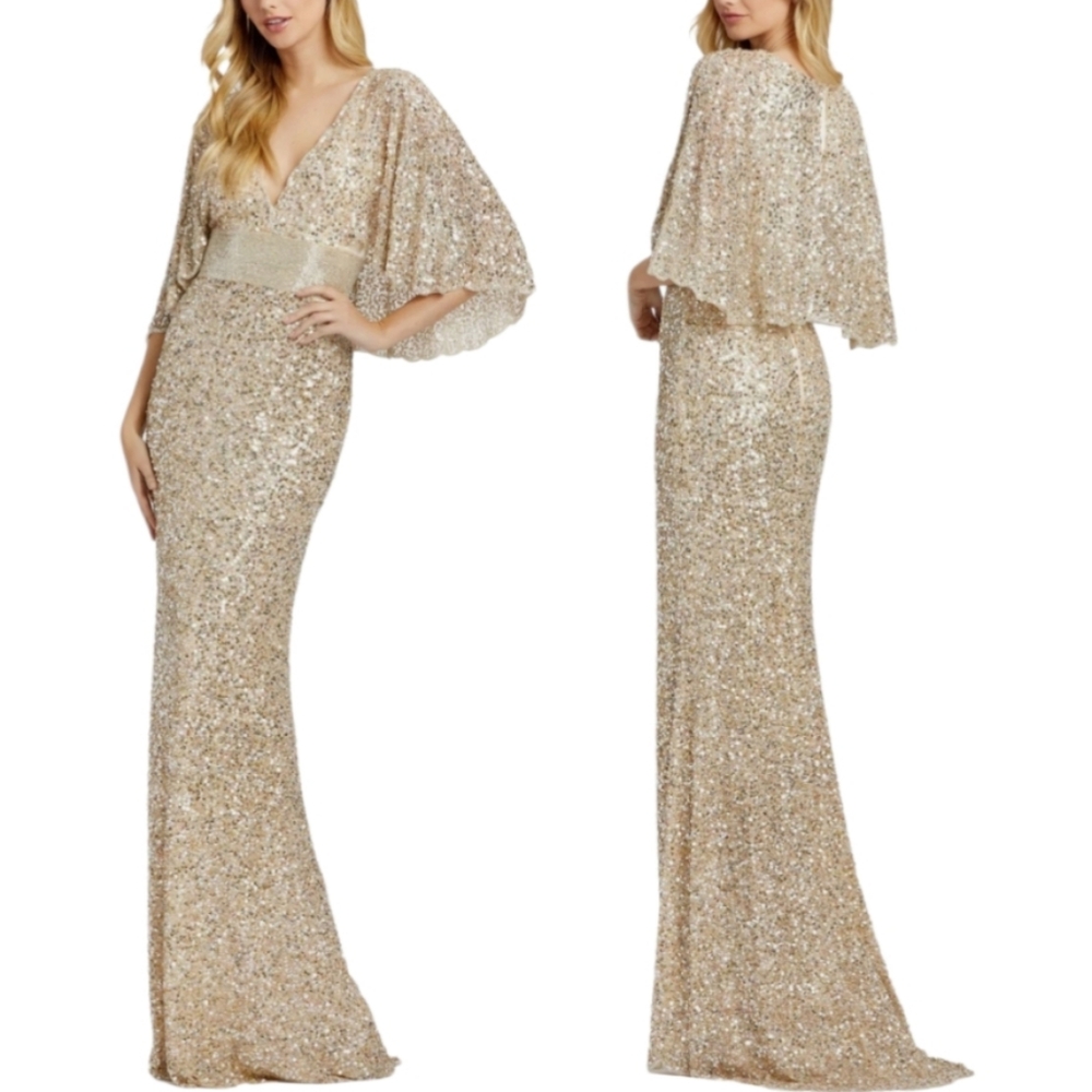 Nwt Mac Duggal Champagne Gold Sequin Cape Sleeve V Neck Beaded Empire Waist Gown